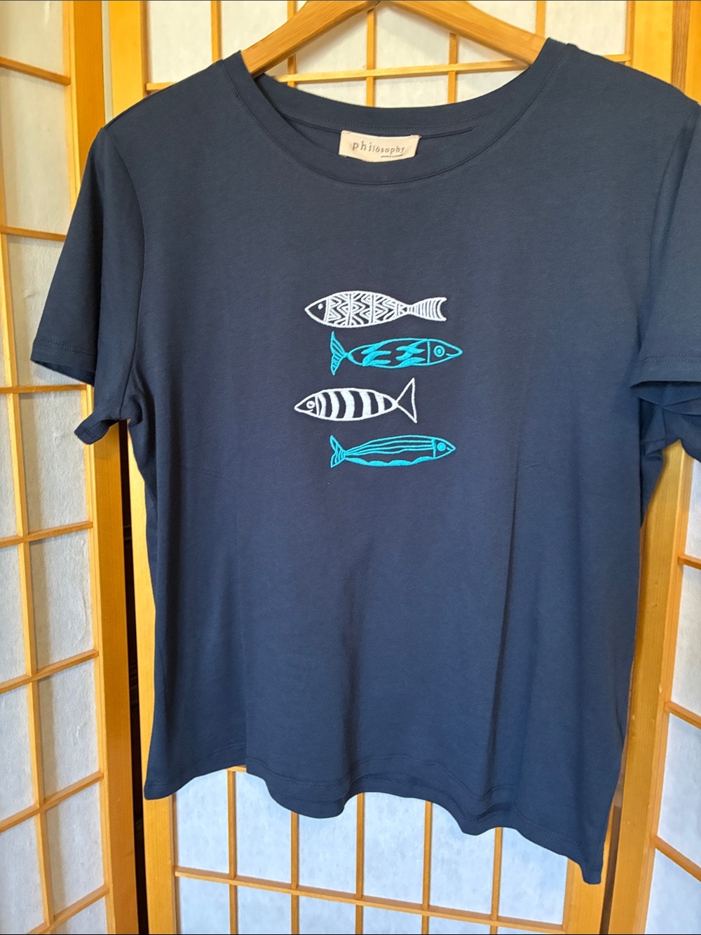 Philosophy Navy Blue T-Shirt with Teal & White Fish Motif